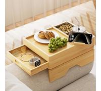 Vassoio 7 in 1 con portabicchieri da divano, in legno massello, con cassetto push-pull, girevole a 360° e 2 ciotole in acciaio inox, tavolino con clip per bevande, tazze, snack, telecomando