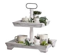 Vassoio a 2 ripiani, vassoio in legno a più livelli con manico in metallo, espositore rettangolare per casa, cucina, tavolo, centrotavola, frutta, dessert, cupcake, decorazione per vacanze e fattoria