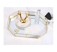 Vassoio a specchio in vetro dorato, vassoio decorativo in metallo poligonale, organizer per gioielli e profumi, vassoio per trucchi per toeletta, cassettiera, bagno, camera da letto (piccolo)