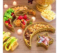 Vassoio da dessert a forma di luna e stelle, piatto per alimenti a forma di mezzaluna, piatto di servizio in metallo per la colazione/cena di Ramadan, piatto decorativo con luna e stelle per l'Eid, va