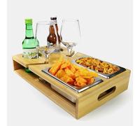 Vassoio da Divano in Bamboo - Portabicchiere da Vino Rettangolare Con 2 Ciotole per Snack in Acciaio Inossidabile - Adatto per Soggiorno, Picnic e Ristorante
