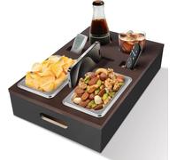 Vassoio da divano in bambù con ciotole in acciaio inox e organizer per snack sul divano, supporto per cellulare, telecomando e bevande, vassoi rimovibili in acciaio inox per una facile pulizia