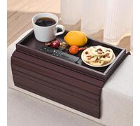 Vassoio da Divano in bambù - Vassoio per Braccioli Pieghevole per Divano, Vassoio Laterale per Divano, Retro Antiscivolo, per Bere, Snack, Telecomando, Cellulare,Walnut Color