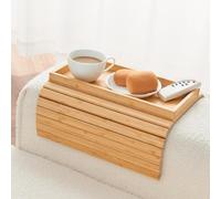 Vassoio da Divano in bambù - Vassoio per Braccioli Pieghevole per Divano, Vassoio Laterale per Divano, Retro Antiscivolo, per Bere, Snack, Telecomando, Cellulare,Wood Color