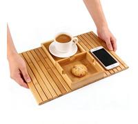 Vassoio da Divano - Pieghevole Vassoio per Bracciolo per Divano in bambù per Bevande, Tazze, Telefono, Snack, Telecomando, Particelle di Silicone Antiscivolo sul Retro,Wood Color,2