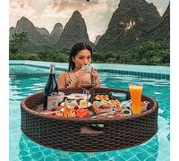 Vassoio da portata galleggiante in rattan di lusso Vassoio galleggiante Galleggianti da piscina Vassoio da pranzo in vimini per servizio in piscina Bevande Brunch Cibo sul tavolo,Brown-60*60*20cm