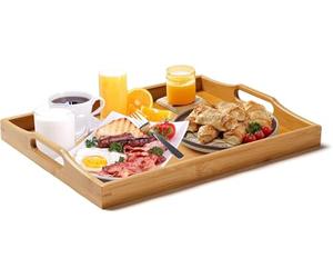 Vassoio da portata grande in legno di bambù con maniglie, vassoio per alimenti per la prima colazione, tè, tavolinetto da caffè, vassoio legno rettangolare per esterni (Naturale, 1)