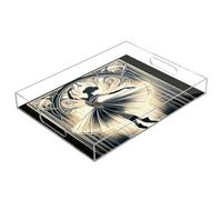 Vassoio da portata in acrilico con immagine artistica Art Nouveau di ballerina che balla sotto la retroilluminazione, vassoio rettangolare trasparente con manici, piatto da portata per tavolino,
