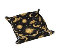 Vassoio da scrivania portatile con decorazioni mistiche, magiche, cosmiche, astrologiche, con sole, luna crescente e stelle, oro e nero, ideale per riporre chiavi, portafoglio e orologio.