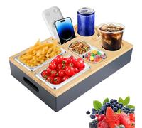 Vassoio Divano con Ciotole Acciaio Inox Staccabili & 2 Portabicchieri, Organizer Bamboo per Snack & Bevande, Contenitore Portata Legno per Soggiorno, Giardino, Campeggio, Letto,Casa,Picnic,Ristorante