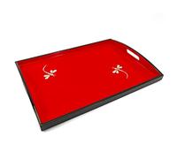 Vassoio in legno laccato rosso e nero "Simbolo Libellule", fatto a mano, L39 x 28 cm, vassoio di servizio con manico, Artigianato del Vietnam e Déco Asiatico (S39-4975-39)