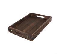 Vassoio in legno, rettangolare in legno con manici, vassoio da portata rustico in legno massello con protezioni angolari in metallo, vassoio decorativo ottomano per tè e caffè (S 32 x 20 x 4 cm)