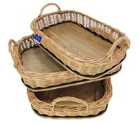 Vassoio in vimini con 2 manici, set di 3 pezzi rettangolari, vassoio da portata, per colazione, caffè e snack, intrecciato a mano, 50x35x9cm, 46x32x9cm, 41x28x8cm