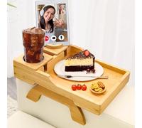 Vassoio per Bracciolo da Divano,Vassoio da Divano in Bambù con 360°Supporto Rotante e Portabicchieri,Pieghevole con Clip per Caffè/Snack/Telecomando