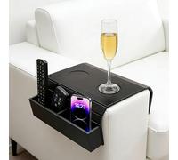 Vassoio per divano in bambù, antiscivolo, per divano, braccioli, con supporto per bevande, pieghevole, per snack, cellulare e telecomando, colore nero