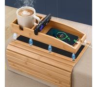 Vassoio per divano in bambù - Vassoio magnetico rimovibile con porta bevande e supporto per cellulare | base in feltro antiscivolo | vassoio pieghevole per snack, telecomando e cellulare