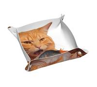 Vassoio portaoggetti in pelle con gatto che mangia pesce, portachiavi, monete, orologi, orecchini e altri accessori, un must per la casa