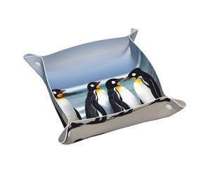 Vassoio portaoggetti in pelle con motivo a cinque pinguini, impermeabile e facile da pulire per chiavi, gioielli, trucco e altri piccoli oggetti. Medio 24 x 23 cm