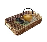 Vassoio rettangolare in rattan - Vassoio in vimini naturale, cesto da portata rettangolare in rattan | Piatto in rattan intrecciato rustico, vassoi decorativi in rattan, vassoio fatto a mano per