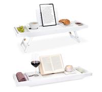 Navaris Vassoio Vasca Colazione Letto - Mensola Vasca da Bagno in bambù - Mensola Allungabile 75cm-108cm con Leggìo Integrato Vani Laterali - Bianco