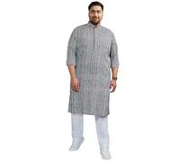 VASTRAMAY Kurta dritta stampata blu indaco e rosso con pantaloni in cotone bianco pigiama per uomo - colletto alla coreana, maniche lunghe, vestibilità comoda, Blu Indaco Bianco, 2XL