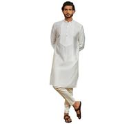 VASTRAMAY Set Kurta e pigiama da uomo in misto seta - Questo sofisticato set Kurta e pantaloni da uomo è progettato per fare una dichiarazione audace con il suo fascino elegante ed elegante., bianco