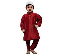 VASTRAMAY Set pigiama Kurta da ragazzo in misto seta marrone con berretto da preghiera musulmana e pigiama senza lacci a lunghezza intera con elastico in vita - Abbigliamento etnico per Eid