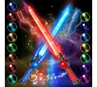 VATOS 2PCS Spade Luminose Ricaricabili per Bambini, 15 Colori Variabili con Effetti Sonori di Combattimento, Giocattolo di Spada Luminosa LED Retrattile 2 in 1 per Cosplay, Feste su Samurai