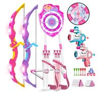 VATOS Set di 2 giocattoli di tiro con arco e frecce LED per bambini dai 5 ai 12 anni, arco luminoso e obiettivo a ventosa sirena, diana di 73 cm, giocattolo per interni ed esterni, regalo per ragazze