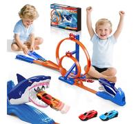 VATOS Set di auto giocattolo per squalo, pista da corsa con 2 auto da corsa e 2 action loopings, squalo stunt con catapulta, regalo per bambini e bambine a partire dai 3 4 5 6 7 8 anni