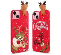 Vauki 2-Pack Natale Cover per iPhone 15, Rosso Silicone Custodia con 3D Christmas Cervo Cartoon Motivo Case, Antiurto in TPU Case per iPhone 15, Sorridi Renna