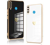 Vauki 2 Pezzi Cover per Huawei P30 Lite/Nova 4e, Custodia con Motivo Cuore, Antiurto Silicone TPU Morbida Love Case con Protezione Della Fotocamera Ragazzi e Ragazze,Nero+Bianco