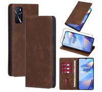 Vauki Cover per Oppo A16/A16s/A54s con 1 Vetro Temperato Custodia in Pelle PU Slot Schede Flip TPU Silicone Case Supporto Stand Magnetica Antiurto Caso per Oppo A16/A16s/A54s 6.52", Marrone