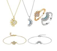 Vauki Set di 6 gioielli a tema sole e luna, collana bracciale anello completo, set di decorazioni alla moda, catena dell'amicizia BFF e catena da compagnia, perfetto per la decorazione alla moda