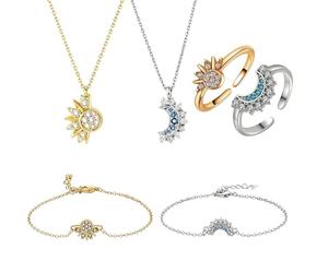 Vauki Set di 6 gioielli a tema sole e luna, collana bracciale anello completo, set di decorazioni alla moda, catena dell'amicizia BFF e catena da compagnia, perfetto per la decorazione alla moda