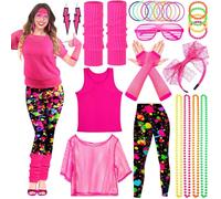 Vautvis Anni 80 Vestiti Donna, 26 Pezzo Accessori Anni 80 90, Abbigliamento Discoteca Anni 1980 Donna, Maglia Da Donna Al Neon Anni '80, Maglia Da Donna A Rete Neon Da Donna (XL)