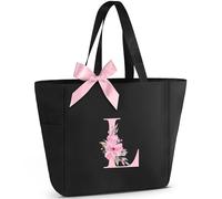 Vavabox Borsa tote personalizzata con iniziali dalla A alla Z, regalo impermeabile per donne, damigelle, mamma, insegnanti, amici (L, Nero)