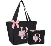 Vavabox Set regalo da 2 pezzi, borsa tote con iniziali e borsa per il trucco con lettere, regali per donne, damigelle, madri, sorelle e insegnanti, ideale per matrimoni, compleanni (B)