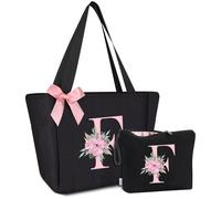 Vavabox Set regalo da 2 pezzi, borsa tote con iniziali e borsa per il trucco con lettere, regali per donne, damigelle, madri, sorelle e insegnanti, ideale per matrimoni, compleanni (F)