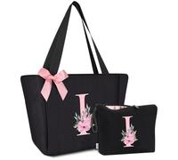 Vavabox Set regalo da 2 pezzi, borsa tote con iniziali e borsa per il trucco con lettere, regali per donne, damigelle, madri, sorelle e insegnanti, ideale per matrimoni, compleanni (I)