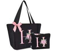 Vavabox Set regalo da 2 pezzi, borsa tote con iniziali e borsa per il trucco con lettere, regali per donne, damigelle, madri, sorelle e insegnanti, ideale per matrimoni, compleanni (H)