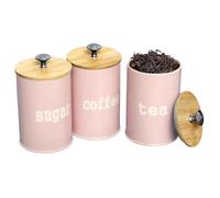 VAVPUP Set di 3 barattoli da cucina, contenitori in metallo per tè, caffè e zucchero con coperchio in bambù ermetico, contenitore rotondo per chicchi, farina, spezie (rosa)