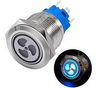 VAYEODEYU Interruttore di trasferimento. Interruttore a pulsante LED blu da 19 mm, 12 V, 1 NO, 1 NC, con blocco, in metallo argentato, IP65(Fan)