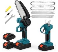 VAZY24 Mini Motosega a Batteria 6” con Oliatore + Forbici Elettriche Potatura - Kit 2 in 1 48V con 2 Batterie, Barra e Catena 4/6 Pollici, Caricatore e Accessori - Taglia Rami Alberi