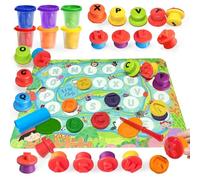 VBACALA 35 Pezzi Set Plastilina per Bambini con 26 Lettere Timbri,6 Vasetti Pasta Modellabile,Tappetino Biadesivo per Plastilina,Accessori e Strumenti,Regali Giochii Educativi per Bambini 3+ Anni
