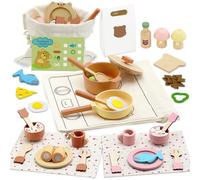 VBACALA Accessori da Cucina in legno per Bambini,46 Pezzi Cucina Giocattolo Legno con Pentole,Stoviglie,Cibi Tagliabili,Borsa Portaoggetti,Regalo Gioco di Ruolo Cucina per Bambini 3+Ragazzi e Bambine