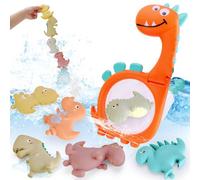 VBACALA Giochi Bagnetto Neonato,3 in 1 Giochi Bagnetto Neonato Antimuffa Dinosauro Rete Di Pesca + Telaio + Stoccaggio,6 Grano Morbido Dinosauri Di Gomma,Giochi per Bambini di 3 Anni