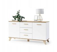 VBChome Cassettiera con 3 cassetti e 2 ante 120 x 40 x 75 cm in rovere bianco maniglie cassettiera in legno multiuso per corridoio, camera da letto, soggiorno, cameretta dei bambini