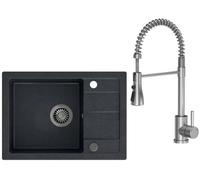 VBChome Lavandino con Rubinetto Nero 62 x 44 cm Granito Lavello Singolo da Incasso Superficie di Sgocciolamento Macchiettato Reversibile Rubinetto Inox Lavello Composito + Sifone