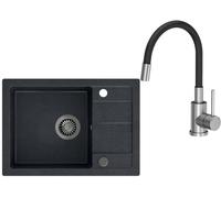 VBChome Lavello con Rubinetto Nero 62 x 44 cm Granito Lavello Singolo da Incasso Superficie di Sgocciolamento Macchiettato Reversibile Rubinetto Nero Lavello Composito + Sifone